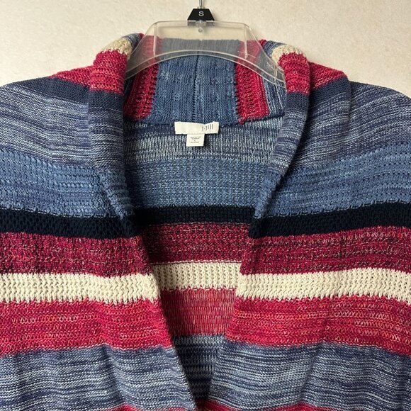 J Jill Sweater Womens Large petite Blue Striped Pockets Linen‎ Blend Cardigan - Picture 3 of 5
